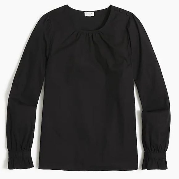 J crew cotton poplin button neck top ruffle cuffs black - Picture 1 of 4